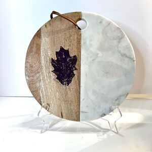 Elegant Marble  Wood Cheese Board Leaf Design Charcuterie Tray 10 in